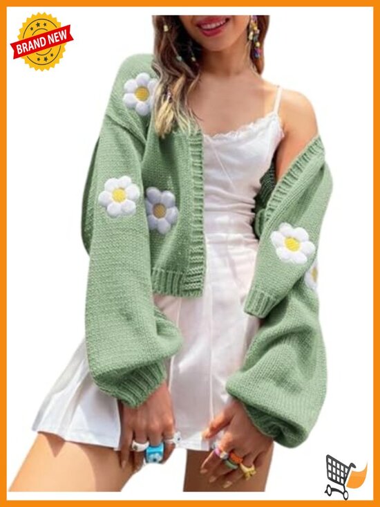 Sweaters - Cropped Knit Cardigan Sweater Long Sleeve Open Front Flower Pattern Shrug